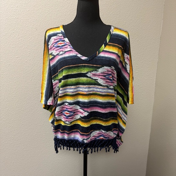 Rock 47 Aztec Boho Fringe Top L Black Yellow Pink Western Festival Chic - Picture 2 of 11